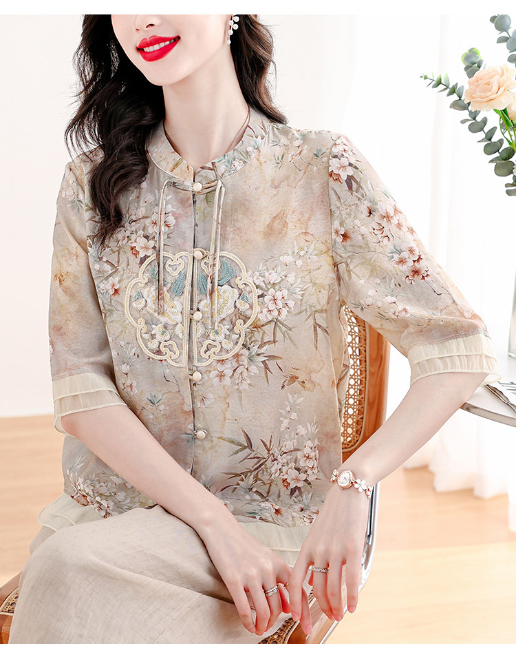 2025新款春夏装国风小衫两件套妈妈夏季雪纺半袖上衣女母亲节衣服