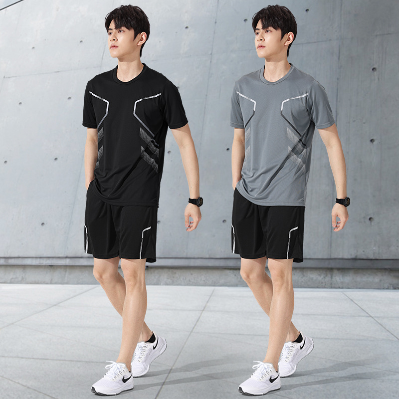 夏男短袖跑步健身衣t恤装备速干衣运动服冰丝训练服透气套装足球