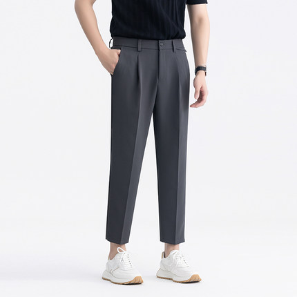 夏季垂感免烫西裤男松紧腰直筒韩系高级宽松百搭坠感裤九分休闲裤