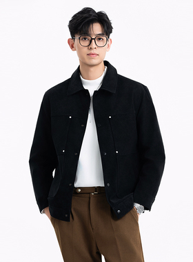 翻领斜纹麂皮绒夹克外套男士痞帅气2024年春季新款高级感工装外衣