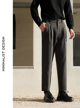 秋冬新款极简风高智感男士毛呢裤加绒加厚休闲裤时尚直筒九分裤男