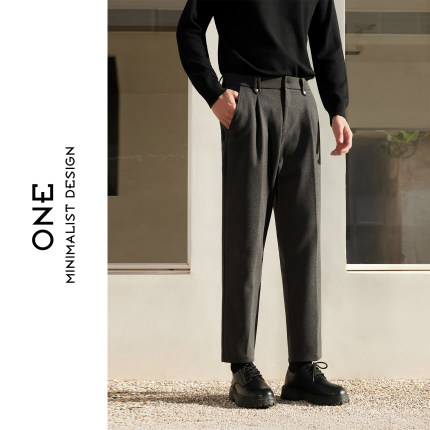 秋冬新款极简风高智感男士毛呢裤加绒加厚休闲裤时尚直筒九分裤男
