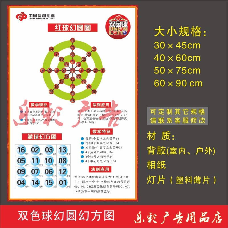 福利彩票福彩店投注站用品 双色球红球幻圆图蓝球幻方图选号参考