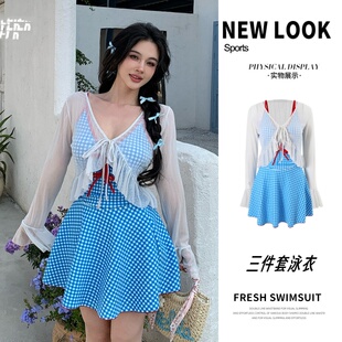 防晒显瘦遮肉三件套温泉度假 微胖连体裙泳衣女长袖 高颜值新款 大码