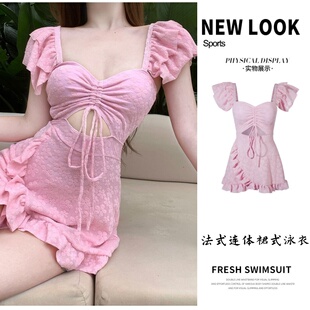 泳衣女甜美温泉连体裙式 度假荷叶边海边绝美遮肚性感小胸显白泳装