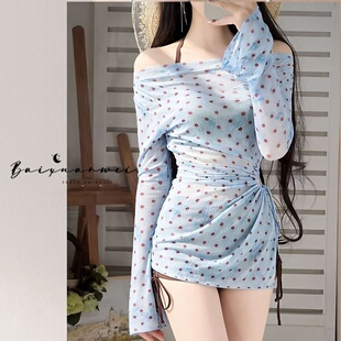 钢托聚拢泳装 波点露肩比基尼三件套显瘦度假风泡温泉分体泳衣女