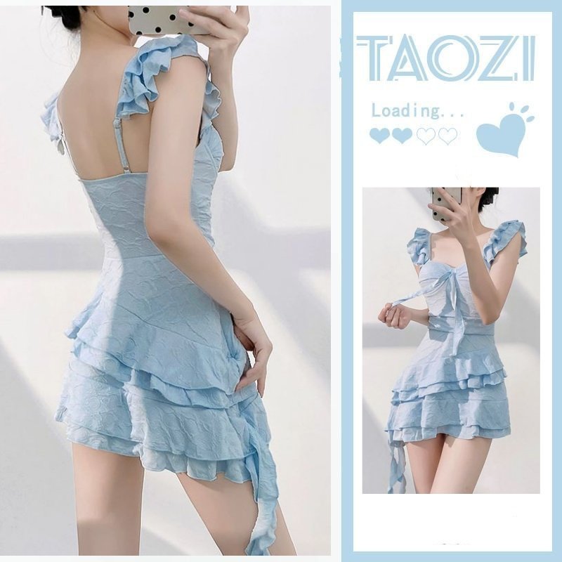 纯欲风连体钢托聚拢纯色裙式甜美少女学生保守遮肉泡温泉泳衣女