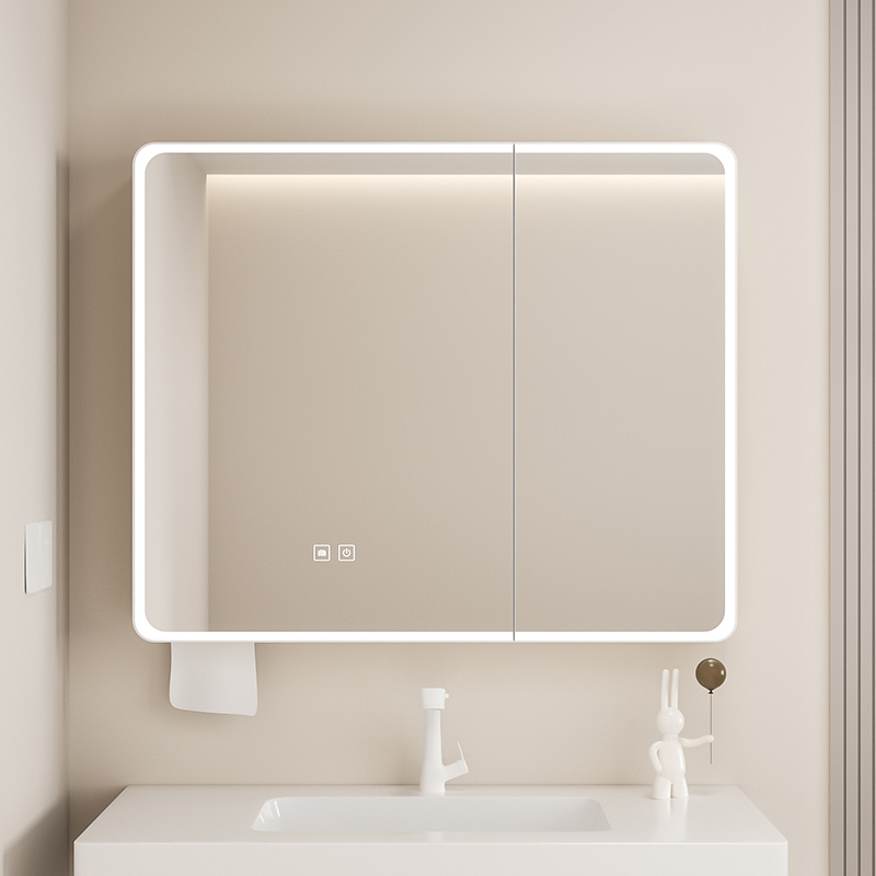 圆角浴室镜柜带美妆收纳带灯除雾