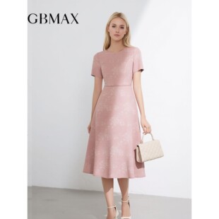 GBMAX高端正式场合轻奢连衣裙女2026夏季短袖粉色高级感印花a字裙