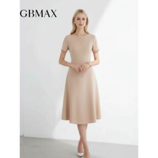 GBMAX高端气质收腰香槟色连衣裙2026夏季新款轻奢优雅通勤中长裙