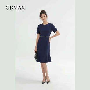 【夏季礼遇】GBMAX 2026夏季新品女装藏青色圆领连衣裙修身鱼尾裙