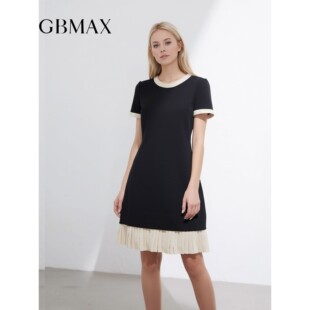 GBMAX黑色拼接短袖连衣裙女2026夏新款时尚显瘦中长款百褶直筒裙