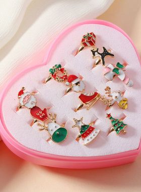 跨境热卖礼盒装圣诞系列卡通造型锌合金开口戒指简单可爱指尖特色