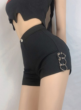 新款街舞嘻哈欧美修身显瘦包臀提臀高腰紧身金属圆环短裤百搭热裤