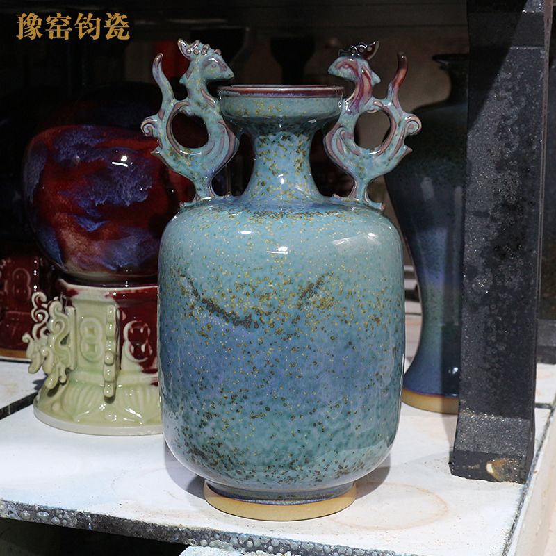 河南禹州神垕陶瓷瓶器靛蓝仿古钧瓷花瓶中式客厅电视柜玄关装饰品