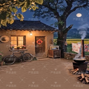 主播直播间背景墙布复古怀旧农村农家院室内夜晚风景可移动画布3d