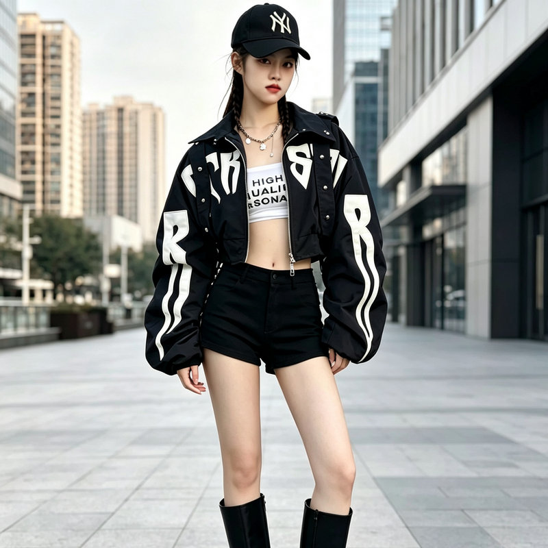 嘻哈街舞爵士黑色刺绣短款外套女图片
