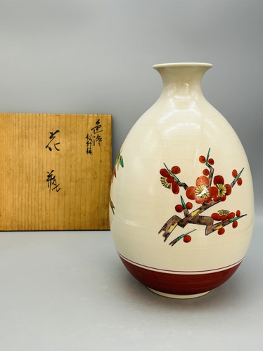 B239，日本回流日本色绘｜松竹梅手绘陶瓷花瓶，带原装木盒