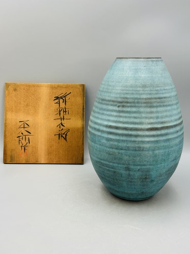 B353，日本回流治愈湖蓝粗陶花器｜旋纹手工陶罐 带原木盒