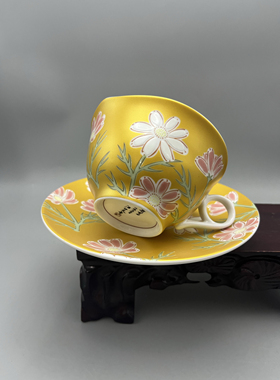 J005肥前有田烧名家江口天童繁花系列咖啡杯黄色容量约180ml