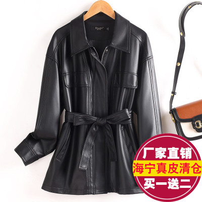 真皮皮衣女中长款系带收腰皮夹克