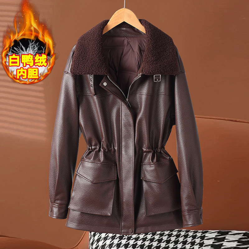 真皮羽绒服外套女2025冬季新款抽绳收腰宽松绵羊皮中长款加厚皮衣,女装/女士精品,皮衣,淘宝优惠券,粉丝福利购,淘宝优惠卷