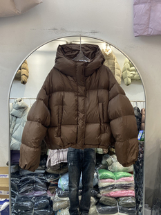 2025新款咖色加厚羽绒服女面包服连帽短款韩版宽松外套白鸭绒龟背