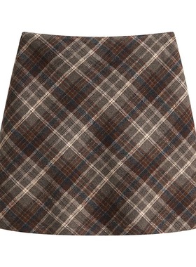 [恩佳专享】毛呢A字短裙秋冬半身格子短裙高腰修身包臀裙8025