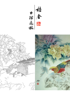 【有步骤、大彩图】郑玲玲工笔画白描稿牡丹锦鸡《锦羽春晖》ZL54