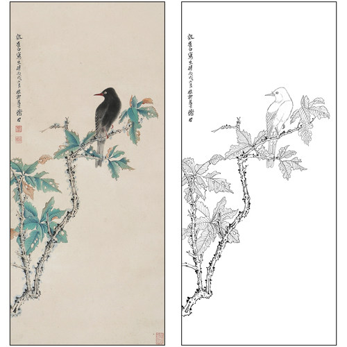 谢稚柳花鸟工笔画白描底稿《花鸟》临摹勾线高清打印稿XZ47