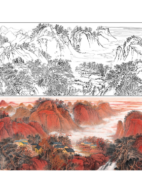【大彩图】吴广工笔画白描底稿《红色江山万年长》山水线稿FS10