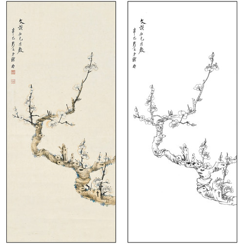 谢稚柳花鸟工笔画白描底稿《梅花》临摹勾线高清打印稿XZ50