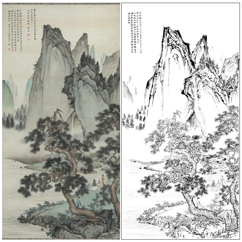 【大彩图】陈少梅工笔画白描底稿《云漳松下会友图》山水线稿SV07