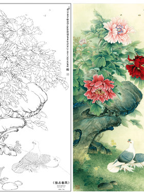 【大彩图】李晓明工笔画白描稿《独占春风》牡丹鸽子花鸟线稿KA16