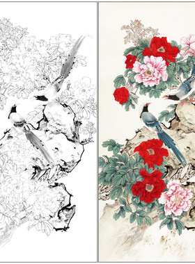 【有步骤】陈军工笔画白描底稿牡丹四尺《富贵吉祥》花鸟线稿CJ07