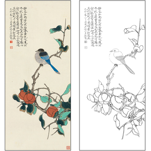 于非闇花鸟工笔画白描底稿《玉树鸣禽》临摹勾线高清打印稿FA15
