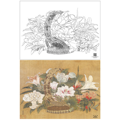 【大彩图】李嵩工笔画白描底稿宋画小品《花篮图》花鸟线稿GH10