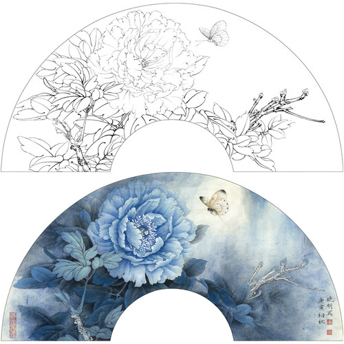 【有步骤、大彩图】李晓明工笔画白描扇面牡丹《白蝶蓝田玉》KD07