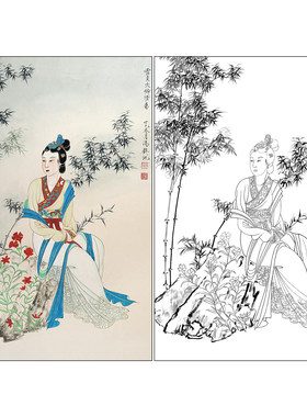 冯壁池人物工笔画白描底稿《仕女》临摹勾线高清打印画稿CL14