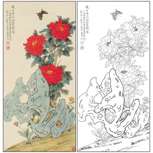 工笔画白描底稿于非闇花鸟《香花金世界》四尺临摹高清打印稿AF27