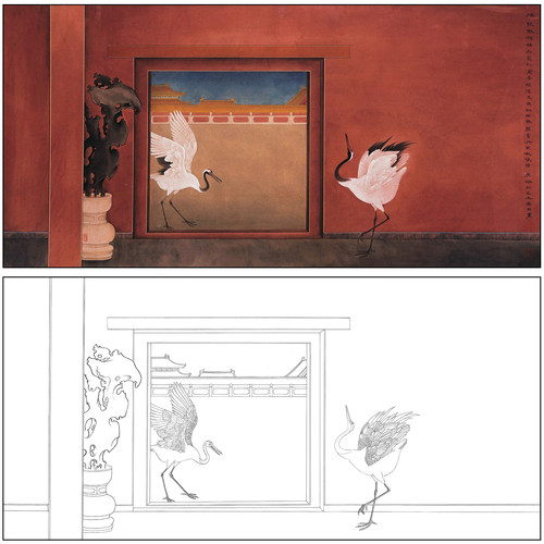工笔画白描底稿薄春雨花鸟仙鹤湖石《瑞鹤图》临摹高清打印稿BC08