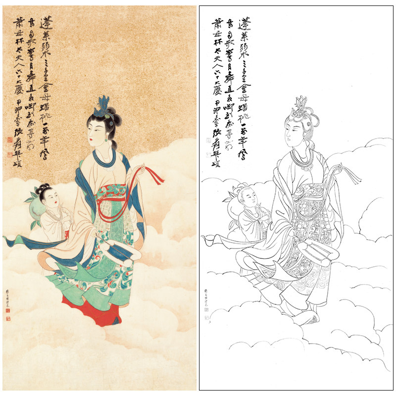 【大彩图】张大千工笔画白描底稿《蟠桃献寿》人物线稿qd61