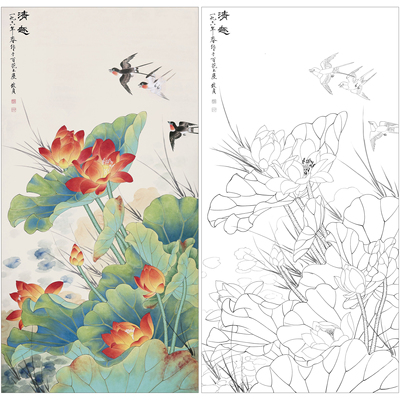 俞致贞花鸟工笔画白描底稿《清趣》荷花临摹勾线高清打印稿ZZ58