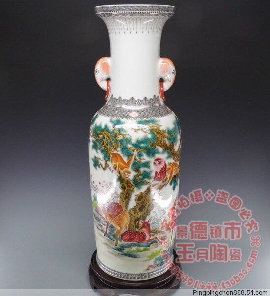 高档全手工张炳祥手绘 封侯爵禄陶瓷象耳花瓶 工艺品 景德镇瓷器