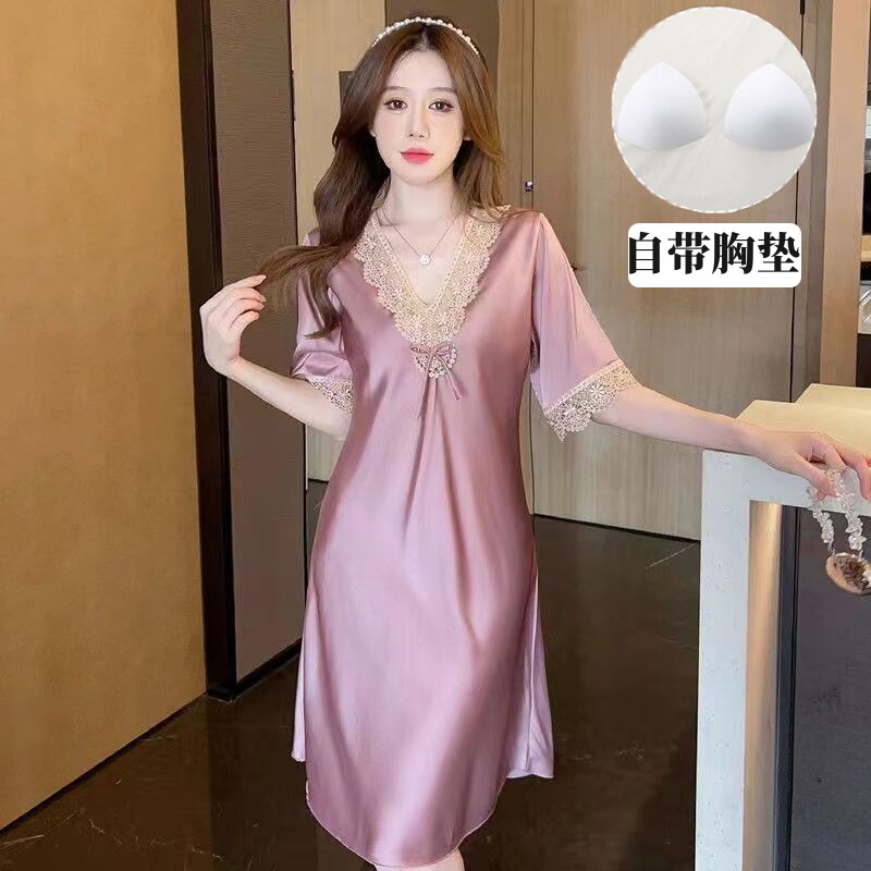 冰丝睡衣女夏季2025年性感带胸垫睡裙丝绸薄款短袖连衣裙家居服
