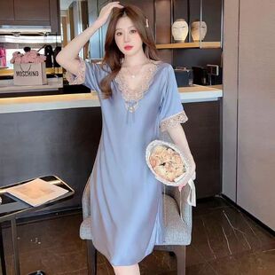 睡衣女士夏季冰丝短袖蕾丝性感丝绸睡裙高级感薄款大码宽松家居服