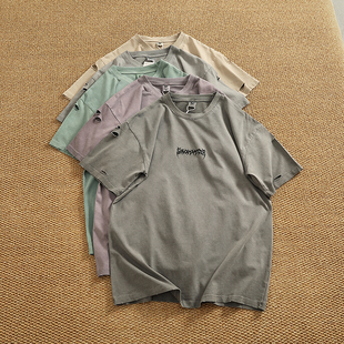 300g高克重纯棉短袖 男重工脏洗做旧破洞双面印花高街潮流短T T恤衫