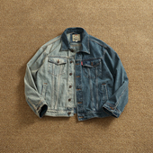 个性 外套上衣 男复古重工水洗做旧工装 潮款 撞色拼接翻领牛仔夹克衫