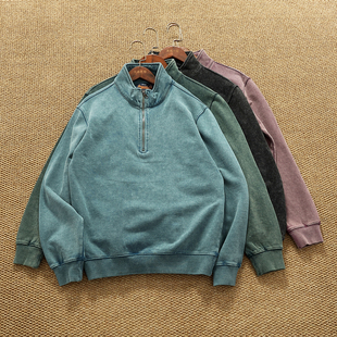 毛圈料重水洗雪花砂洗套头卫衣男套头拉链半开领休闲上衣 重磅厚款