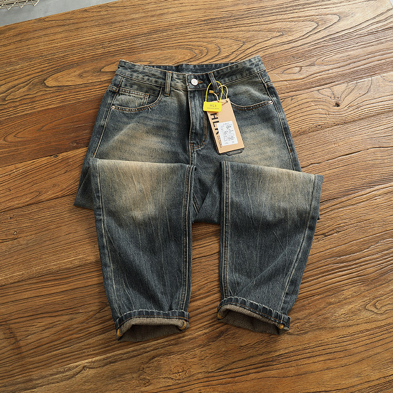 重磅复古牛仔裤男装美式休闲小直筒宽松百搭做旧水洗微锥牛仔长裤